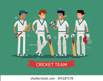 Cool vector concept background on cricket team characters with equipped players wearing white clothes, pads, bats, helmet and more. Professional cricket players team in trendy flat design