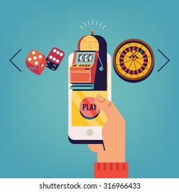 Cool vector concept design on mobile gambling application with hand holding smart phone choosing between slot, roulette and dice games