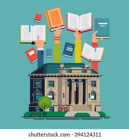 Cool vector concept design on public library with library building and readers hands holding books. Book readers modern concept illustration. Background, banner or poster template on reading