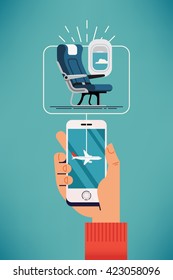 Cool vector concept design on choosing airplane cabin seat using mobile device or web application featuring cabin seat, mobile device in hand with airplane on screen