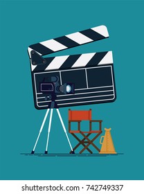 Cool vector concept design on movie producing, film direction, studio shooting stage items