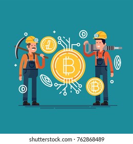 Cool vector concept design on bitcoin and other cryptocurrency mining with funny miner characters and related icons and symbols