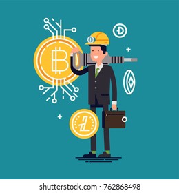 Cool vector concept design on bitcoin and other cryptocurrency mining with businessman miner character holding jackhammer wearing hardhat
