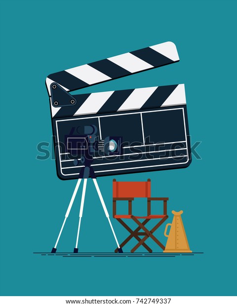 Cool vector concept design on movie\
producing, film direction, studio shooting stage\
items