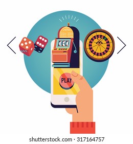 Cool vector concept flat design illustration on mobile gambling application with hand holding smart phone choosing between slot, roulette and dice games on round circle background