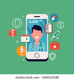 Cool vector concept illustration on telemedicine and online doctor consultation with healthcare icons and  medic professional portrait on smartphone display