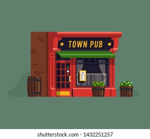 Cool vector concept illustration on pub, restaurant or tavern facade. Traditional styled bar front with wood barrels, awning and flower pots