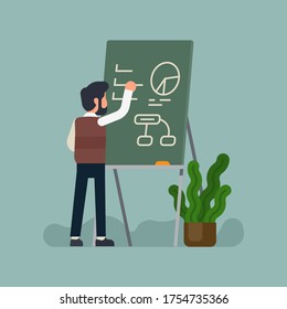 Cool vector concept illustration on businessman working on business strategy. Male teacher character writes down information on chalkboard