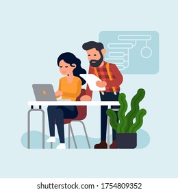 Ilustración conceptual de vector genial sobre datos empresariales y análisis de métricas con dos trabajadores de oficina analizando a través de documentos juntos