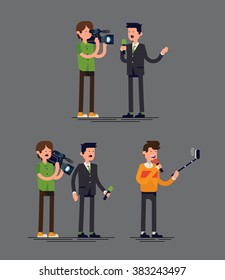 Cool vector concept illustration on traditional news crew with reporter and cameraman comparing to modern reporter with selfie stick. Technology trends in news media industry illustration 