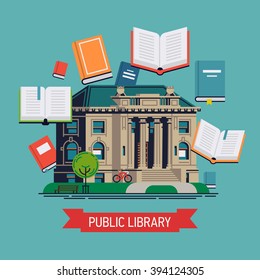 Cool vector concept illustration on public library with library building and books abstract composition. Book readers modern concept illustration. Background, banner or poster template on reading