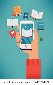 Cool vector concept illustration on E-books, digital library and reading mobile applications with hand holding smart phone with book icon displayed surrounded by abstract composition of flying books