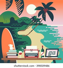 Cool vector concept illustration on creative environment of beach resort workplace. Live and work on beach resort. Freelance work desk with typewriter, laptop and surfboard with exotic palm tree beach