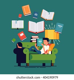 Cool vector concept illustration on reading with man reading book lying on couch and flying books on background. Young adult man having a rest with good book. Boy enjoying good book on couch at home