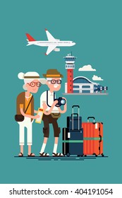 Cool vector concept illustration on elderly travel and tourism. Senior age couple ready to boarding at airport. Third age travelers ready for summer holidays trip. Grandparents traveling, flat design