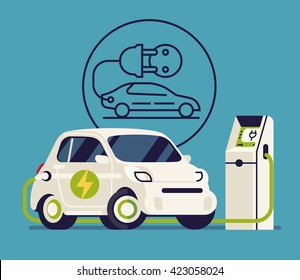 Cool vector concept illustration on small city electric car charging at charging station point with electric vehicle linear pictogram sign on background