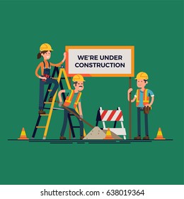 Cool vector concept illustration on 'We Are Under Construction' message featuring workers team doing their job. Ideal for web site 'Under Construction' page