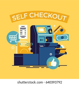 Cool Vektorgrafik auf der Kasse "Self Checkout". Selbstbedienungskassenschalter-Flachdesign-Illustration mit Geldautomat, Plastikkarte, Geldwechsel, Scheck- und Shopping-Symbole