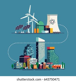 Cool vector concept illustration on megapolis green energy. Alternative power resources concept illustration with wind turbines, nuclear plant, solar panels and modern city