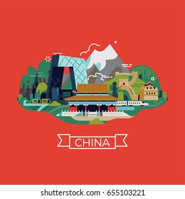 Cool vector concept illustration on China with beautiful flat design landscape featuring Chinese ancient and modern landmarks, nature highlights and attractions