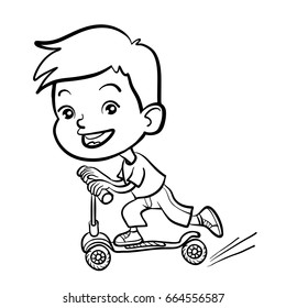 Cool vector concept illustration on little European boy having fun outside. Happy small European  boy riding kick scooters outdoors.