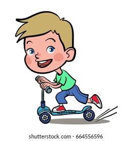 Cool vector concept illustration on little European boy having fun outside. Happy small European  boy riding kick scooters outdoors.