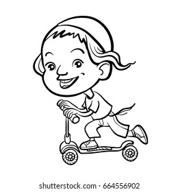 Cool vector concept illustration on little jewish boy having fun outside. Happy small jewish boy riding kick scooters outdoors.