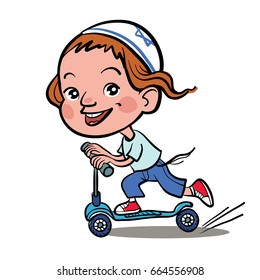 Cool vector concept illustration on little jewish boy having fun outside. Happy small jewish boy riding kick scooters outdoors.