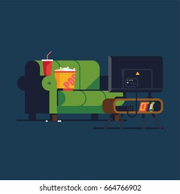 Cool Vector Concept Illustration On Home Cinema Featuring Green Sofa Couch, Popcorn, Soda Beverage And Flat Panel TV Set