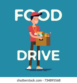 Cool vector concept illustration on food drive charity movement with cheerful volunteer holding box filled with food and groceries