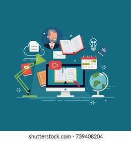 Cool vector concept illustration on e-learning, online courses, virtual classroom and other educational themed activity process 