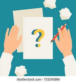 Cool vector concept illustration on creative process and research with blank sheet of paper, question mark, hands ready to work holding pencil