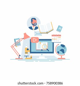 Cool vector concept illustration on e-learning, online courses, virtual classroom and other educational themed activity process