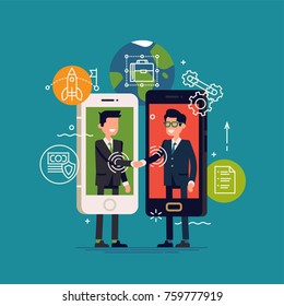 Cool vector concept illustration on peer to peer lending in business and industry with abstract businessmen interacting with each other through mobile application