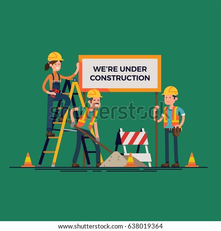 Cool vector concept illustration on 'We Are Under Construction' message featuring workers team doing their job. Ideal for web site 'Under Construction' page