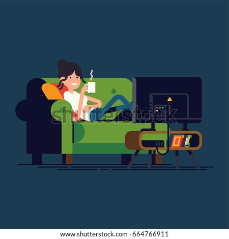 Cool vector concept illustration on woman lying on couch watching TV. Young adult girl lying on sofa in front of television screen holding mug of hot beverage