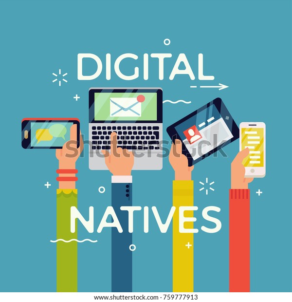 Cool vector\
concept illustration on digital natives. Digital technology age\
generation. \
Abstract hands with mobile electronic devices.\
Technology in society and everyday\
life