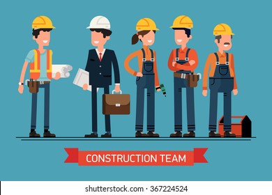 Cool vector concept layout on construction team characters line-up. Group of construction workers in hard hats friendly smiling. Civil engineer, architect and construction workers characters group