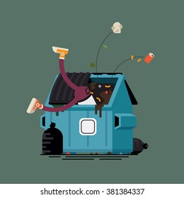 Cool vector concept layout on dumpster diving or totting. Person inside garbage container searching for useful items, objects and things discarded by other people