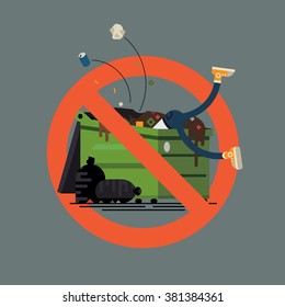 Cool vector concept layout on 'Dumpster diving or totting is prohibited'. It is not allowed to search for useful items, objects and things discarded by other people inside garbage container