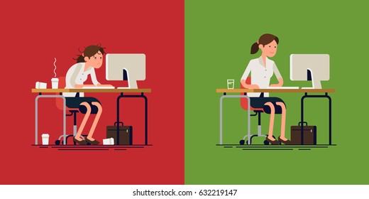 Cool vector concept layout on stressed out and confident woman at work. Stressful work | Stress less work. Modern flat design illustration on tired worried woman working hard and calm lady doing job