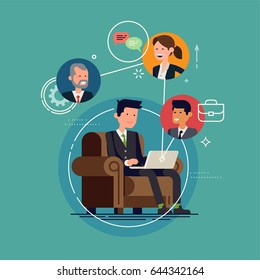 Cool vector concept layout on conference call featuring office worker characters. Online meeting or discussion using web applications. Man chatting with colleagues using laptop