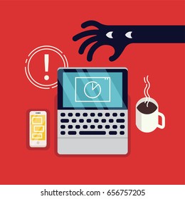 Cool vector concept layout on belongings safety warning. Public safety poster or banner template with abstract thief hand trying to steal unattended belongings. Hand stealing laptop