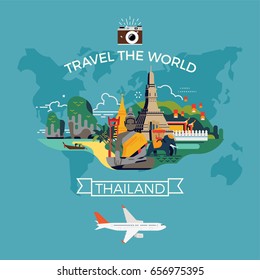 Cool vector concept layout on 'Travel The World – Thailand' with decorative Thailand landscape with landmarks and highlights, world map silhouette, plane and camera