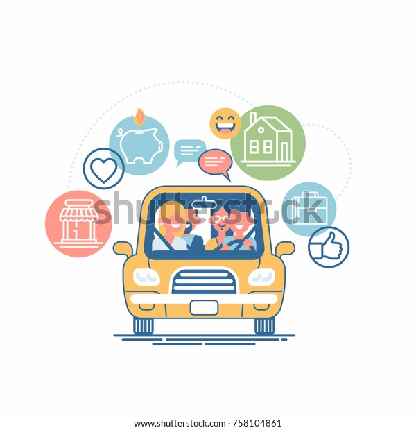Cool\
vector concept on car sharing, carpool and lift sharing with group\
of people inside car and various icons and\
symbols