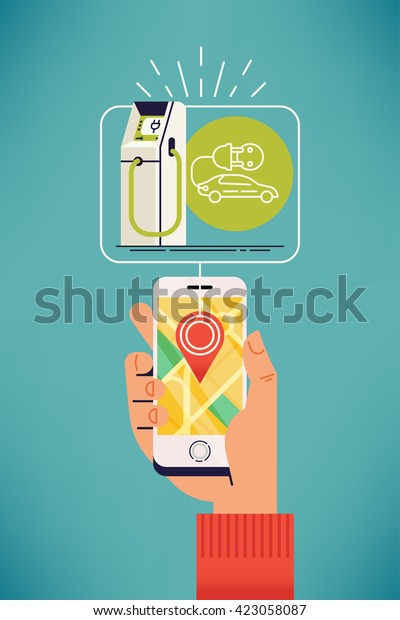 Cool
vector concept on electric car charging point near me. Electric car
charging station near you. Hand holding mobile device with charging
station location showed on map application
screen