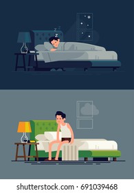 Cool vector concept on man sleeping in his bed and waking up feeling sleepy. Man resting in his bedroom and sitting feeling tired on his bed after getting up