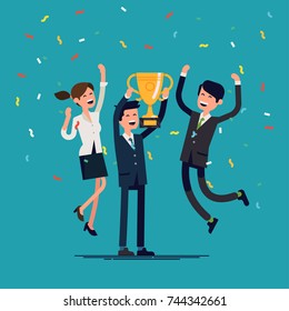 Cool vector concept on prize winning with business team, golden cup and confetti. Businessmen company achievements. Group of people jumping and cheering happily holding trophy