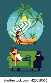 Cool vector concept on tired woman dreaming about tropical exotic paradise beach vacation lying on green couch taking nap. Flat design illustration on young woman having a dream on couch