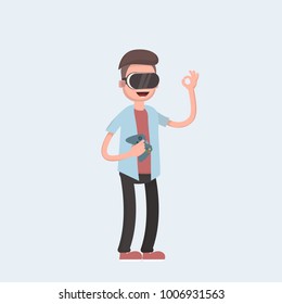 Cool vector concept on virtual reality headset in use. Guy experiences full immersion into virtual reality trying to touch non-physical object. Vector illustration in cartoon style